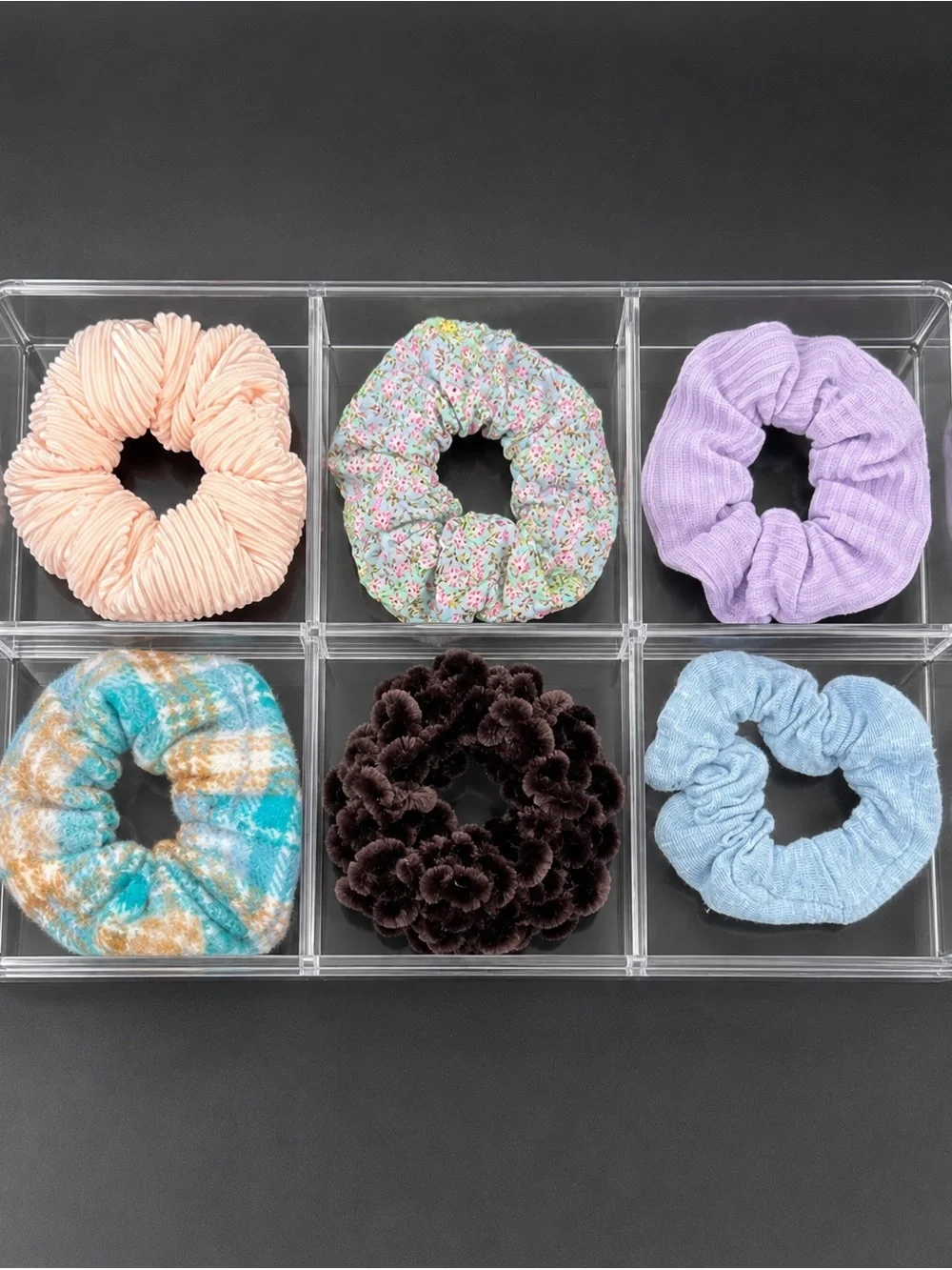 6 Pc Hair Scrunchies Set Pastel Ribbed Knit Plaid Floral Velvet Plaid Hair Ties
